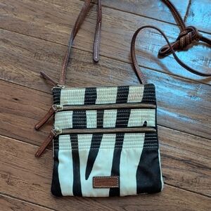 Dooney & Bourke 3 Zip Black And Cream Zebra Print Crossbody Bag
